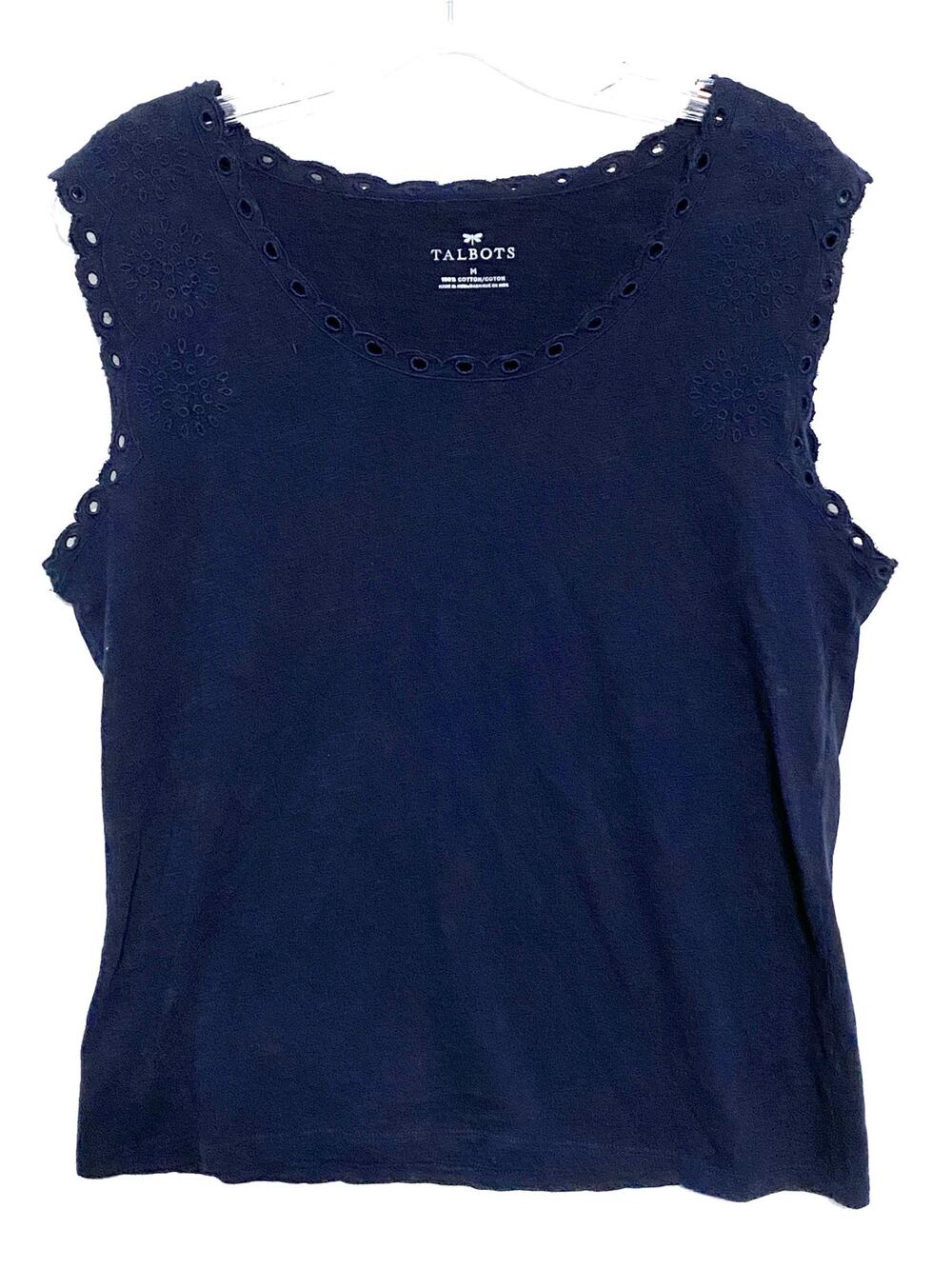 Talbots Navy Embroidered Eyelet Trim Tank Top M Classic Casual Summer Cotton